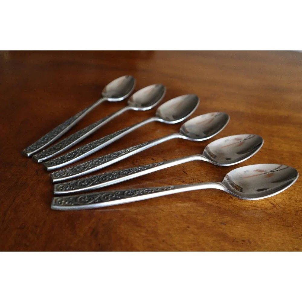 Lot 6x Imperial International IIC DAVOS Stainless Black Floral Teaspoon 6.4